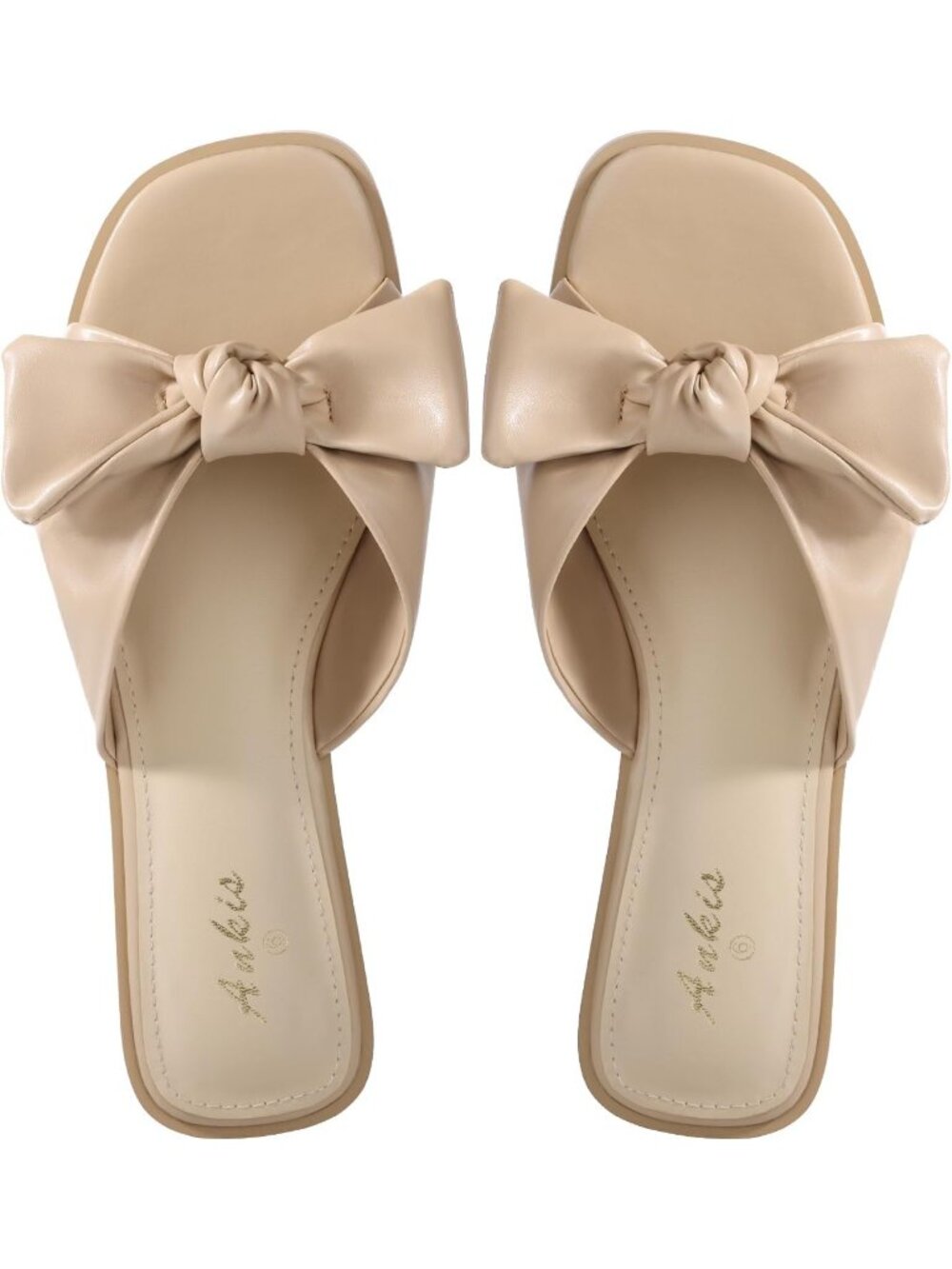 🆕Women's Nude Bow Flat Sandals Square Open Toe Dressy Comfortable Slides